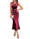 Women's Formal Cowl Neck Long Bodycon Dress Velvet Fall Ruched Sleeveless Mermaid Maxi Wedding Guest Cocktail Dress Wine M