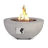 ReeQuo 31.5 Inch Round Propane Fire Pit Table - Concrete Round Fire Bowl 50,000 BTU Natural Gas Firepit Burner with Steel Lid, Lava Rocks, Waterproof Cover for Outside Patio, Backyard, Party