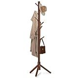 Freyawin Solid Wooden Coat Rack Freestanding, New Zealand Pine Coat Tree with 8 Hooks & 3 Adjustable Sizes for Coats, Hats, Handbags and Scarves, Space Saving for Entryway/Office/Bedroom (Brown)