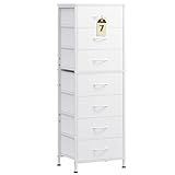 WLIVE White Tall Dresser for Bedroom, 7 Drawer Dressers & Chests of Drawers, Fabric Dresser for Closet, Living Room, Night Stand with Metal Frame, Storage Tower with Fabric Bins, Wood Top