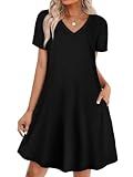 WIHOLL Black Dress Casual Summer Tshirt Dresses for Women 2025 2026 Ladies V Neck Short Sleeve Loose Fit Sundress with Pockets Soft Beach Vacation Clothes Travel Work Daily Wear Oufits L