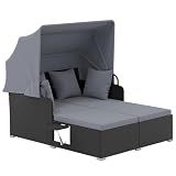 Tangkula Patio Rattan Daybed with Retractable Canopy, Outdoor Wicker Sunbed Lounger with 2 Foldable Side Tables, Thick Seat & Back Cushions, Outside Double Daybed for Garden, Backyard, Porch (Grey)
