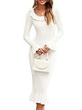Wenrine Womens Bell Long Sleeve Sweater Dress Casual Ribbed Knit Ruffle Crewneck Decor Button Bodycon Midi Dresses White