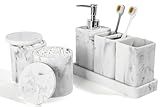 YMXYJM Bathroom Accessories Set, 6 Piece Bathroom Set with Toothbrush Holders, Soap Dispenser, Vanity Tray, Tumbler, Cotton Swab Jars, Bathroom Organizer，Bathroom Sink Sets, Artificial Marble White