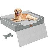 CWAWZ Extra Large Dog Bed, Orthopedic Pet Bed with Cooling Gel Memory Foam, Waterproof XL Dog Bed with Removable Washable Cover, 42" Pet Sofa Couch Dutch Velvet with Blanket Bone Toy, Light Gray