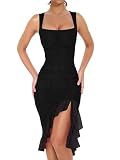 BORIFLORS Women's Sexy Ruched Bodycon Midi Cocktail Dresses,XS,Black