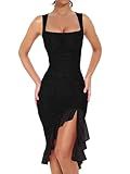 BORIFLORS Women's Sexy Ruched Bodycon Midi Dresses Square Neck Sleeveless Ruffle Hem Club Party Tank Dress Black