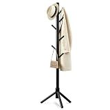 Freyawin Wooden Coat Rack Freestanding with 8 Hooks & 3 Adjustable Sizes for Clothes, Space-Saving Design for Bedroom Office Entrance Holds Hats Coats Scarves Bags