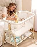 3 in 1 Baby Bassinet with Wheels, Bedside Bassinet Sleeper for Newborn, Portable Baby Crib with 7 Adjustable Height & Large Storage Basket & Full-Mesh, Easy Folding Baby Bed for Infant (Beige)