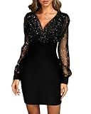 CHICME Women's Glitter Party Dress 2025 V-Neck Mesh Sheer Lantern Sleeve Mini Dresses Zipper Back Slim Fit Evening Dress Black-M