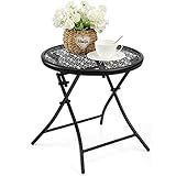 TeoKJ Folding Small Outdoor Side Tables, Anti Rust Small Patio Table Round Metal Nightstand with Flower Cutouts for Porch Yard Balcony Deck Lawn, Black