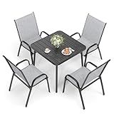 PIZZELLO 5 Pieces Patio Dining Table Set, Outdoor Table and Chairs Set for 4, Square Metal Dining Table with 4 Stackable Patio Chairs for Garden Deck Backyard Balcony