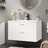 Vabches 24 Inch Bathroom Vanity with Sink, Wood Grain Wall Mounted Vanity with 2 Storage Darwers, Floating Bathroom Vanity with Storage, Bathroom Floating Vanity with Sink, White