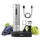 OVENTE Electric Wine Opener Set, Rechargeable Cordless Wine Corkscrew with Charging Base, Foil Cutter, Pourer and Vacuum Stopper, Ideal for Home Bar, Outdoor Parties and Christmas Gift, Silver WBR446S