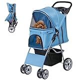 ZENY Foldable Pet Stroller, Cat/Dog Stroller with 4 Wheel, Pet Travel Carrier Strolling Cart with Storage Basket, Cup Holder (Blue)