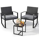 Qsun 3 Pieces Outdoor Patio Furniture Set Rocking Bistro Set Outdoor Rattan Conversation with Coffee Table for Garden Balcony Backyard Poolside (Grey Cushion)