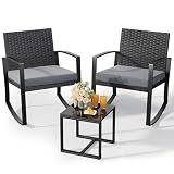 Qsun 3 Pieces Patio Furniture Set Rocking Bistro Set Outdoor Rattan Conversation with Coffee Table for Garden Balcony Backyard Poolside (Grey Cushion)