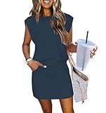 ETCYY NEW Womens Cap Sleeve Summer Dress Crew Neck Tie Front A-Line Dresses Double Layer Hem Mini Dress Navyblue