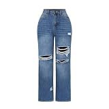 THUNDER STAR Womens High Waisted Wide Leg Jeans Stretchy Distressed Denim Pants Blue M