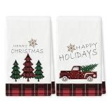 WOWOGO Set of 2 Christmas Kitchen Towels Xmas Trees Snowman Buffalo Plaid Christmas Decorations Dish Towels Holiday Hand Towels 18x26 Inch Winter Dish Cloths