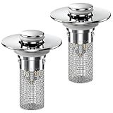 2PCS Bathroom Sink Stopper Hair Catcher, Pop Up Sink Drain Stopper with Strainer & Filter, Universal Drain Plug for Sink Drain & Replacement, Sink Drain Cover with Basket for Bathroom Stopper