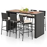RELAX4LIFE 7-Piece Outdoor Bar Set - Wicker Rattan Bar Height Dining Table w/Acacia Wood Top & 6 Bar Stools Chairs w/Seat Cushions, Backrest, Footrest, Outside Patio Bistro Set for Backyard (73'')