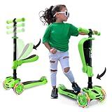 Hurtle Kids Scooter - Child Toddler Kick Scooter Toy with Foldable Seat - 3 Wheel Scooter with Adjustable Height, Anti-Slip Deck, Flashing Wheel Lights, for Boys/Girls 1-12 Year Old, Green