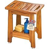 NNN 14" Compact Teak Shower Stool with Japan-Made Non-Slip Leveling Feet