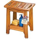 14" Compact Teak Shower Stool with Shelf & Handle - Waterproof, Non-Slip Bath Bench for Small Bathrooms/Tub/Outdoor Use, 300 lbs Capacity (Patented)