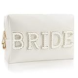 Kovewon Bride Patch Letter Makeup Bag for Women Bridesmaid Engagement Gift for Her White Pearl Rhinestone Travel Toiletry Bag Make Up Bag Pouch for Purse Bridal Shower Gifts for Engagement Wedding