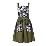 Pinknoke Vintage Pinafore Apron Dress for Women with Pockets Cute Floral Chef Aprons for Kitchen Cooking Baking Gardening (Olive Green)