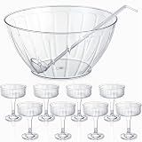 SiliFine 10 Piece Plastic Punch Bowl with Ladle and Detachable Cups Set, 12.4”w x 6”h Punch Bowls for Wedding, Birthday, Holidays, Parties, Reusable Clear Party Bowl Set for Drinks, Salads, Snacks