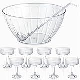 SiliFine 10 Piece Plastic Punch Bowl with Ladle and Detachable Cups Set, 12.4”w x 6”h Punch Bowls for Wedding, Birthday, Holidays, Parties, Reusable Clear Party Bowl Set for Drinks, Salads, Snacks
