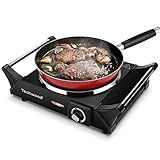 Techwood Hot Plate Portable Electric Stove 1500W Countertop Single Burner with Adjustable Temperature & Stay Cool Handles, 7.3” Cooktop for Dorm Office/Home/Camp, Compatible for All Cookwares