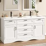 59" Bathroom Vanities Cabinet with Double Sink Combo,Modern Undermount Vanity Sink Cabinet with 2 Storage Doors and 3 Drawers,High Freestanding Bathroom Storage Cabinet with 3 Flip-top Drawers(White)