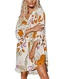 CUPSHE Women Floral Shirt Dress Cover Up Beach Dress 3/4 Sleeve Button Down Midi Length Dress White Yellow M