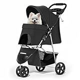 MoNiBloom Foldable Pet Stroller with Weather Cover, 3 Wheels Pet Strolling Cart for Small/Medium Dogs and Cats with Storage Basket and Cup Holder, Breathable and Visible Mesh for All-Season, Black