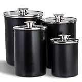 malmo Stainless Steel Food Canister Set of 4-Piece, 16/49/85/132 Ounces,Airtight Containers with Glass Lid for Tea,Coffee,Sugar,Flour,Pantry Kitchen Storage Storeroom Counter (Black)