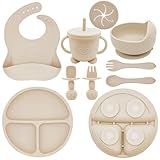 Munlinder Silicone Baby Feeding Set | Baby Led Weaning Supplies Includes Suction Bowls and Divided Plates, Adjustable Bib, Baby Utensils Spoons and Forks,Cup | Baby Feeding Essentials (Beige)