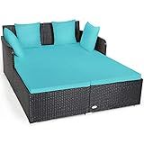 Tangkula Outdoor Rattan Daybed, Sunbed Wicker Furniture w/Spacious Seat, Upholstered Cushion & High-Resilience Sponge, Wicker Patio Sofa Set w/Extra Pillows for Courtyard Poolside(Turquoise)