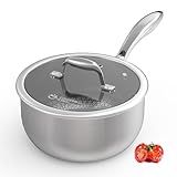 COOKER KING 3 Quart Stainless Steel Saucepan with Lid, Tri-Ply Ceramic Nonstick Pot, Metal Utensil Safe, Dishwasher & Oven Safe up to 900F, Induction Cookware for All Stovetops