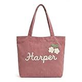 Personalized Corduroy Tote Bag for Women, Custom Name Large Shoulder Bag with Zipper, 3D Crochet Flower Embellishment, Stylish Travel College Work Handbag, Ideal Birthday Christmas Mother's Day Gift