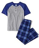 The Children's Place Boys' 2 Piece Pajama Set Short Sleeve Top and Pants, Blue Henley, Small