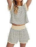 MISSACTIVER 2 Piece Lounge Set Women Stripe Knit Short Sleeve Tee Shirts Shorts Casual Summer Loungewear Shorts Sets