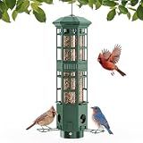Squirrel Proof Bird Feeder, Chew-Resistant Metal Hanging Bird Feeder for Outdoors Gravity Spring Mechanism, 3 Feeding Ports, 3LB Large Capacity, Weatherproof Design for Wild Birds