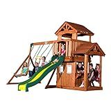 Backyard Discovery Tanglewood Cedar Wood Swing Set with Wave Slide, Clubhouse, Playhouse, Covered Snack Bar Window, Bench, Rock Wall Ladder, Belt Swings, Trapeze, Porch, Step Ladder, Outdoor Playset