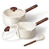 CAROTE 2QT & 3QT Sauce Pan Sets with Lid & Ladle Ceramic Nonstick Pot Set Non Toxic Saucepan Small Kitchen Cooking Pots, Easy to Clean, Induction Comptable, PFAS PTFE Free, White