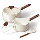 CAROTE 2QT & 3QT Sauce Pan Sets with Lid & Ladle Ceramic Nonstick Pot Set Non Toxic Saucepan Small Kitchen Cooking Pots, Easy to Clean, Induction Comptable, PFAS PTFE Free, White