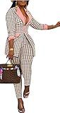 Womesn Sexy 2 Pieces Houndstooth Printed Blazer Jackets Bodycon Pants Party Clubwear Tracksuit Outfits Suit Set(Pink,M)