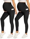 Fotociti 2 Pack Maternity Leggings with Pockets Over The Belly,Womens Pregnancy Workout Yoga Active Soft Tights Pants